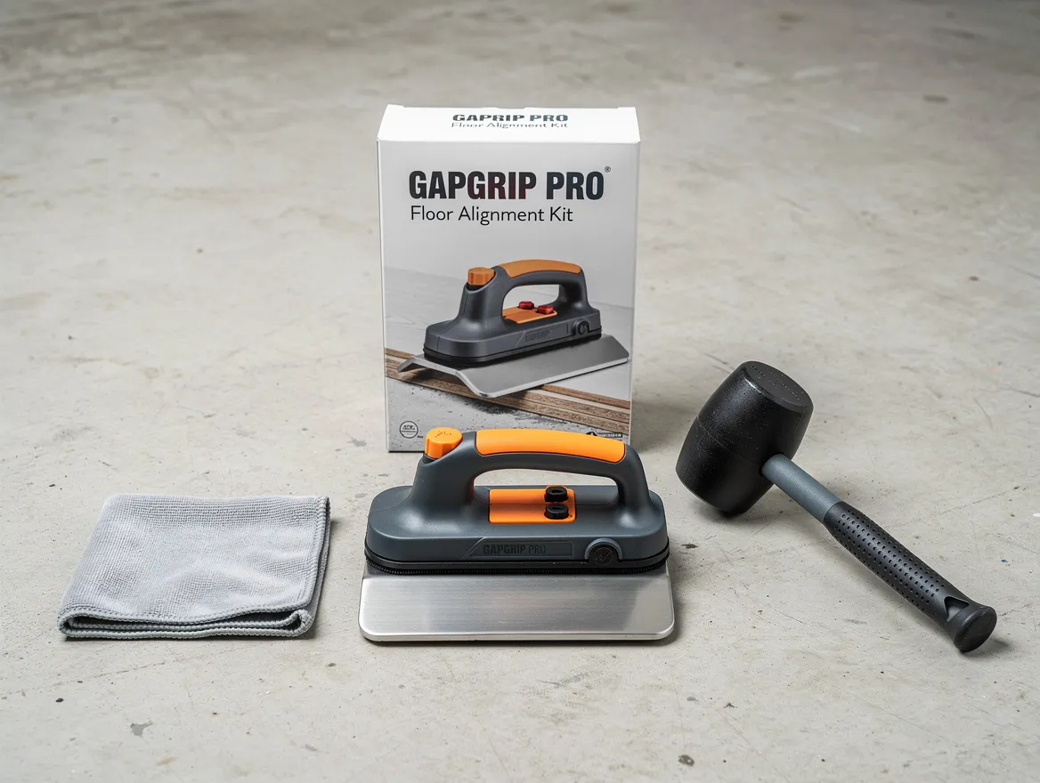 GapGrip Pro floor alignment kit with suction handle, rubber mallet, pad, and storage box