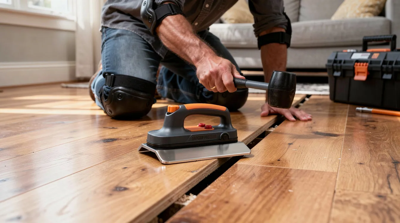 Homeowner using GapGrip Pro on oak plank flooring
